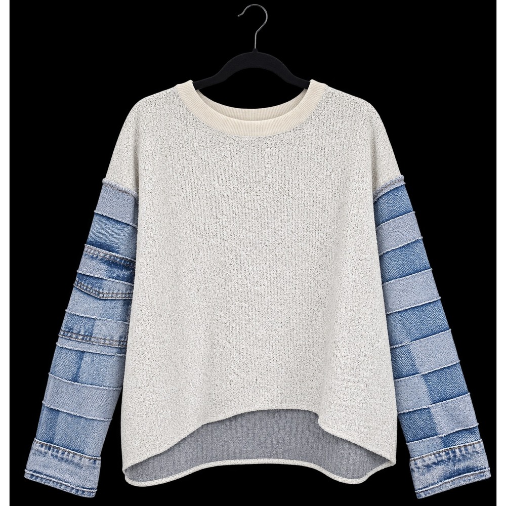181 BiBi Loop Terry Sweatshirt Checkered Denim Patchwork Top Small PTP: 25" BB6